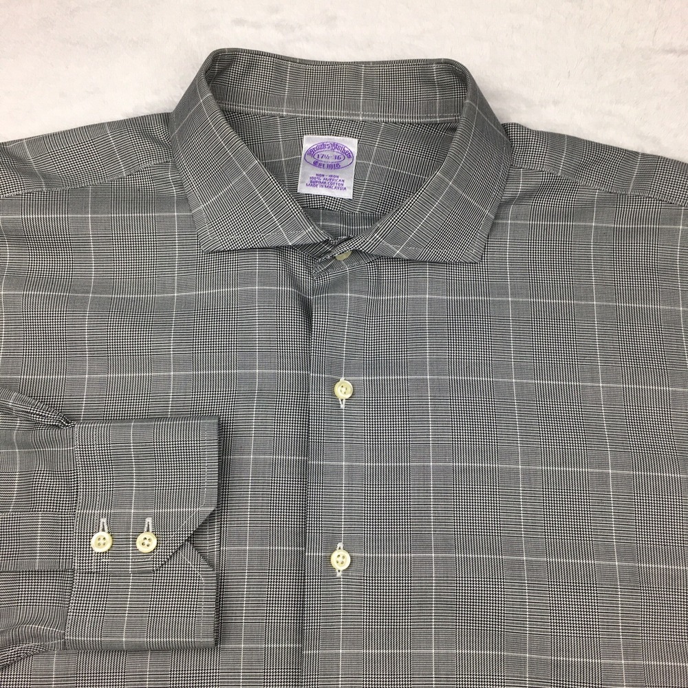 Brooks Brothers Dress Shirt Mens 17.5-36 Gray w/White Check No Iron Purple Label
